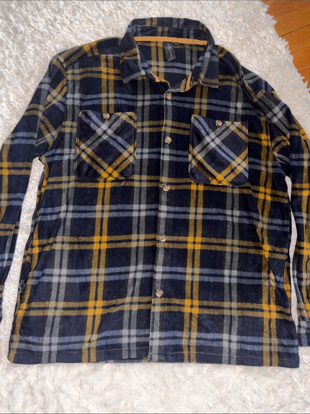 Men's Plaid Shirt Jacket in Navy & Mustard
